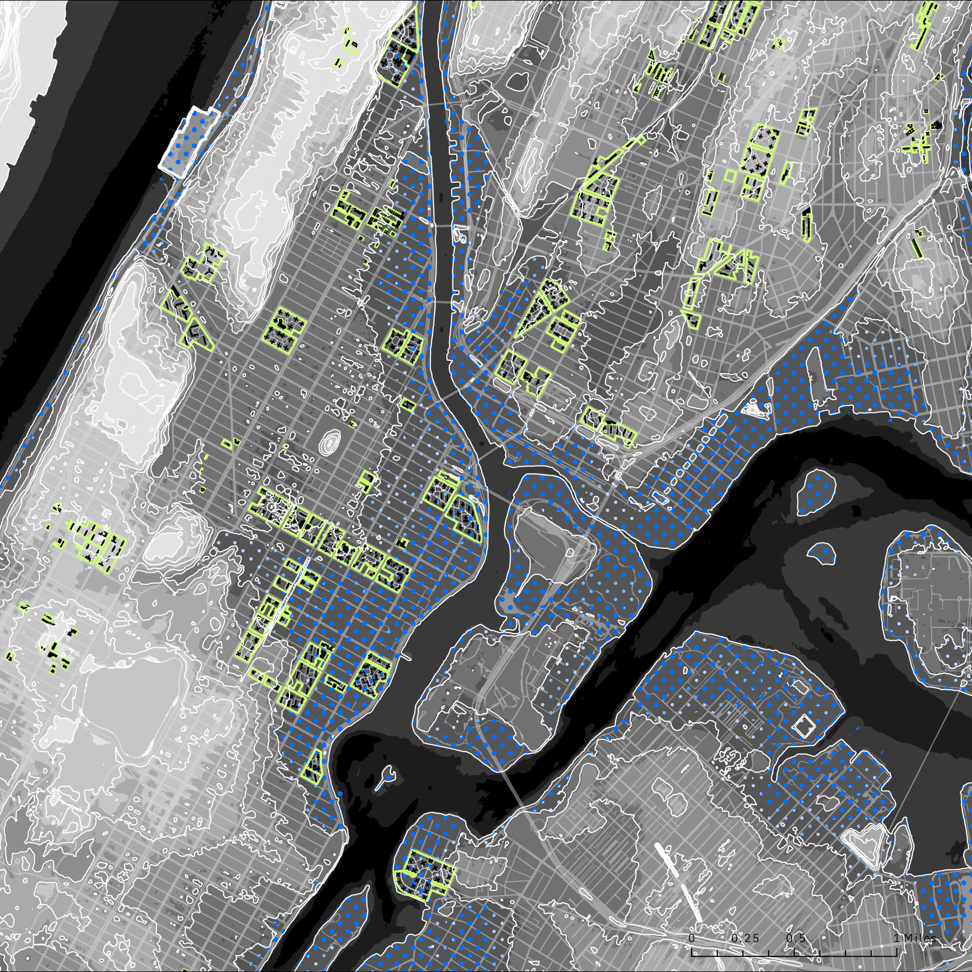 Flood risk, DEM, and NYCHA overlay